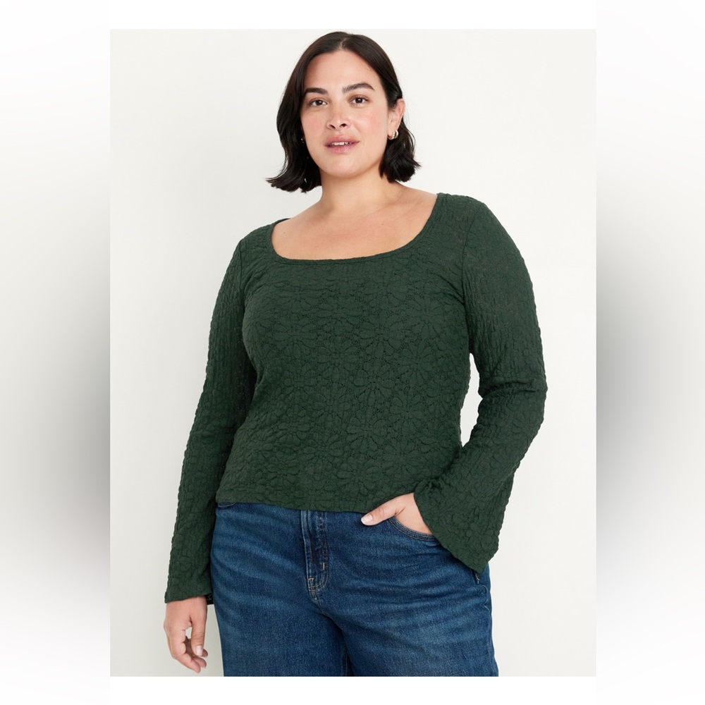 Dark Green Floral lace Long Sleeve Top